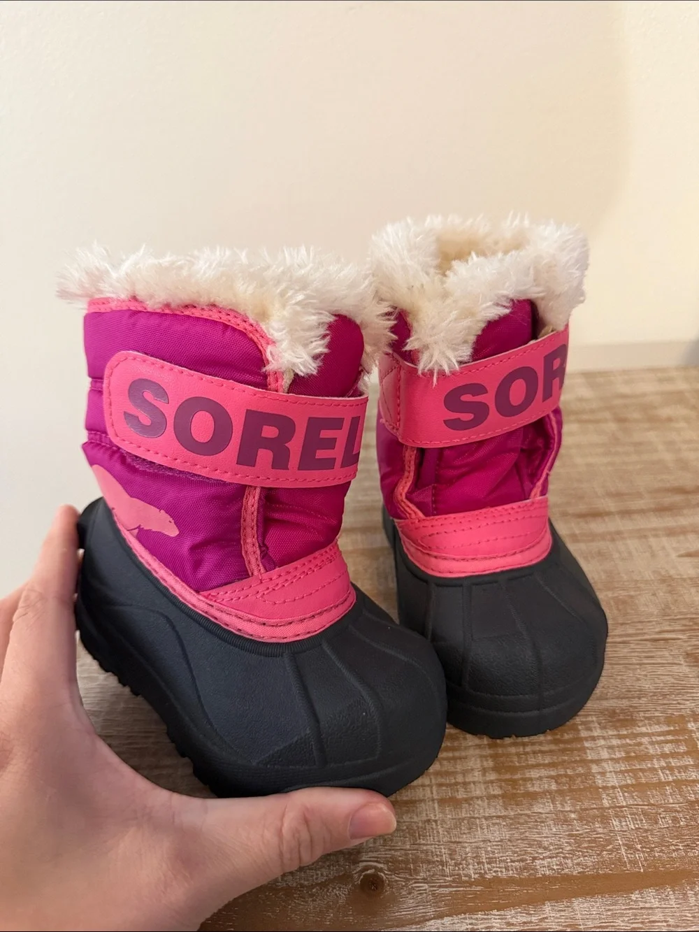 Sorel Toddler Snow Commander Pink Black Winter Boots Faux Fur Trim Size 5